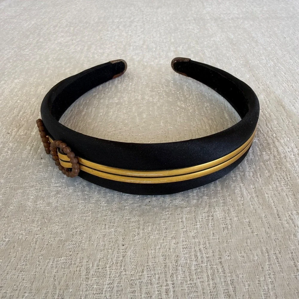 Vintage Black Satin Gold Trim Headband Beaded Mod Retro‎ Hair Accessory